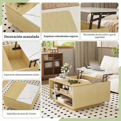 Vista 5 de Mesa de centro elevable con almacenamiento, mesa cuadrada central de madera natural estriada con almacenamiento abierto, mesa central para sala
