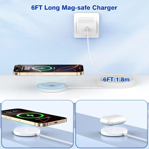 Vista 6 de [Certificado MFi de Apple] Cargador magnético inalámbrico para iPhone, cargador Magsafe, almohadilla de carga rápida de teléfono de 6 pies y 15 W