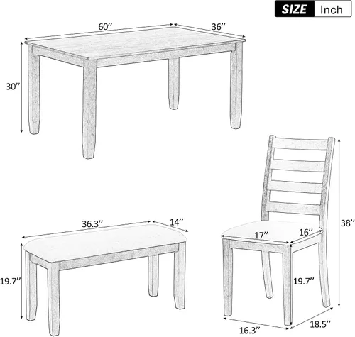 Vista 7 de Harper & Bright Designs Juego de mesa de comedor de granja de 6 piezas con banco, mesa de comedor de madera con 4 sillas y un banco para cocina