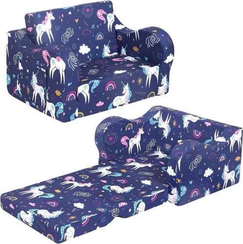 Vista 6 de MOMCAYWEX Sofá para niños, sofá de espuma abatible 2 en 1, silla plegable suave para juegos, azul