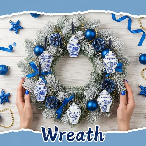 Vista 9 de Goaste Paquete de 4 mini adornos de tarro de jengibre, colgante colgante de Navidad, adornos colgantes de cerámica chinoiserie, decoración de árbol