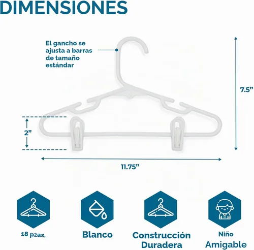 Vista 5 de Honey Can Do Perchas de ropa para niños con clips, paquete de 18 HNG-09047 Blanco