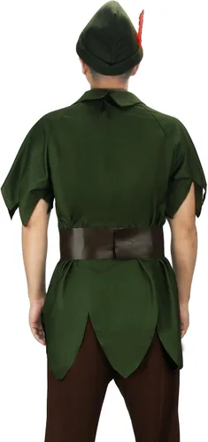Vista 4 de Disfraz de Peter Pan para hombre adulto, blusa de vendaje de hojas verdes, sombreros de faja, trajes de cosplay de elfo, disfraz de Halloween