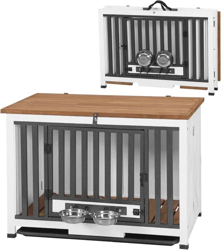 Vista 6 de Mueble de jaula para perros plegable, mesa de madera para perros con cuencos removibles giratorios de 360° y bandeja, perrera moderna para perros