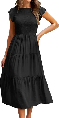 Vista 2 de Ceboyel Vestido de manga corta con vuelo para mujer, vestido midi casual con escalones, vestido de verano fruncido a la moda, trajes de mujer 2023