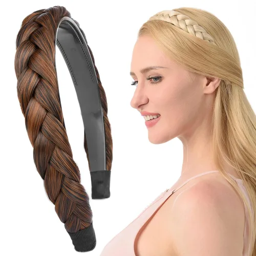 Vista 8 de Ancho de 1.5 cm Banda de pelo sintético trenzada estrecha con dientes para mujeres y niñas (Negro)