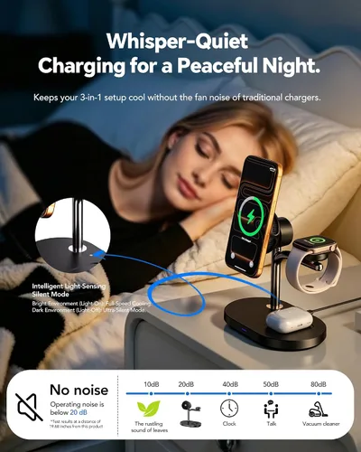 Vista 4 de Qi2.2 25W 3 en 1 Cargador Mag-Safe con estación de carga de enfriamiento Cargador inalámbrico Qi 2 de carga rápida para iPhone 18 Pro-8, Apple Watch