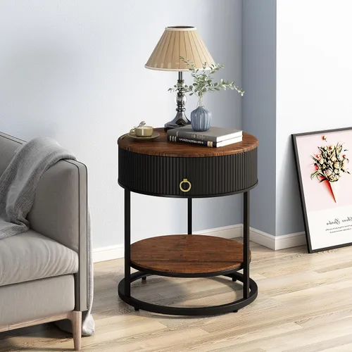 Vista 8 de OIOG - Mesa auxiliar redonda con cajón, mesa auxiliar moderna de madera con estante, mesa de noche de 2 niveles con cajón para sala de estar Negro