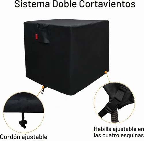 Vista 3 de Cubierta cuadrada para mesa de fuego de patio al aire libre, resistente a la decoloración, cubierta de hoguera 600D, tiras impermeables para juntas