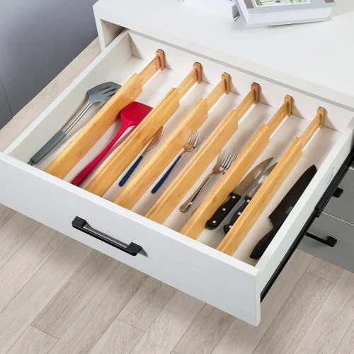Vista 7 de VaeFae Paquete de 6 separadores de cajones de bambú ajustables, organizador de cajones expandible para utensilios de cocina, ropa, baño, oficina, se