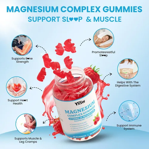 Vista 4 de Gomitas de complejo de magnesio 8 elementales de 1000 mg – Glicinato de magnesio, citrato, malato, taurato, apoya los huesos, los músculos, la salud