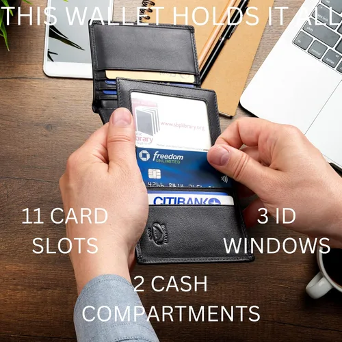 Vista 7 de Stealth Mode Cartera de cuero triple RFID para hombres con soporte de identificación abatible, Gris, Cartera triple de cuero con bloqueo RFID