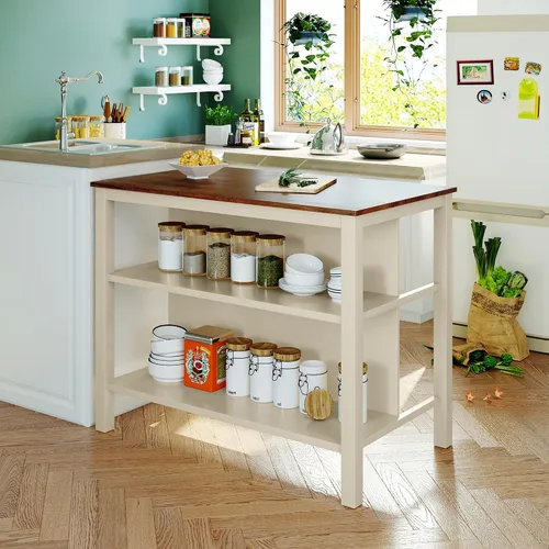Vista 4 de Polibi Juego de isla de cocina de 3 piezas con 2 taburetes y 2 estantes, juego de mesa de comedor de madera de goma rústica con estantes abiertos