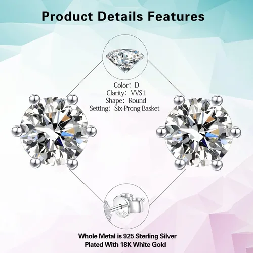 Vista 2 de LoveBhatia - Aretes de moissanita para mujer, para hombre, chapados en oro blanco de 18 quilates, plata de ley S925, 1-4 quilates, color D, claridad