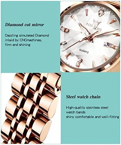 Vista 6 de OLEVS Relojes de mujer Vestido simple Reloj de mujer Reloj de acero inoxidable de oro rosa Reloj impermeable de cuarzo con fecha de lujo