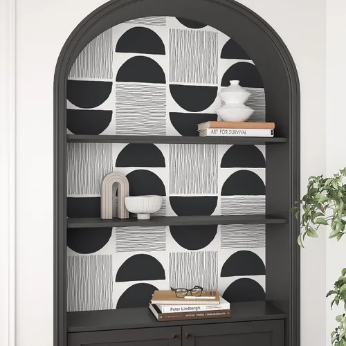 Vista 6 de VEELIKE Papel tapiz moderno de mediados de siglo en blanco y negro, papel tapiz geométrico abstracto para dormitorio, baño, 17.7 x 118 pulgadas