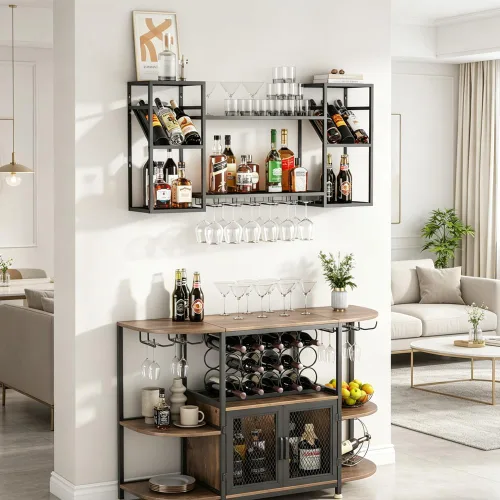 Vista 3 de KaKaBB Estante de vino montado en la pared, estantes de metal de 47 pulgadas de 2 niveles con soporte para vidrio, capacidad para 30 botellas y de 6