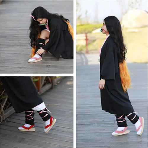 Vista 5 de Nezuko Cosplay Clogs Kochou Clog Rengoku Geta Tanjirou Zenitsu Clog Wooden Flip Flops with Socks
