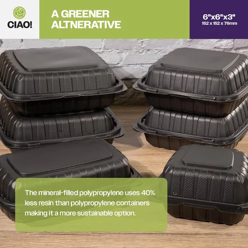 Vista 7 de CIAO! Contenedor negro con bisagras MFPP de 6"x6"x3" con tapa, 1 compartimento (caja de 300)