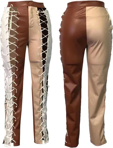 Vista 3 de xxxiticat Pantalones de piel sintética con cordones para mujer, cintura alta, cruzados, huecos, bloques de color, de piel sintética