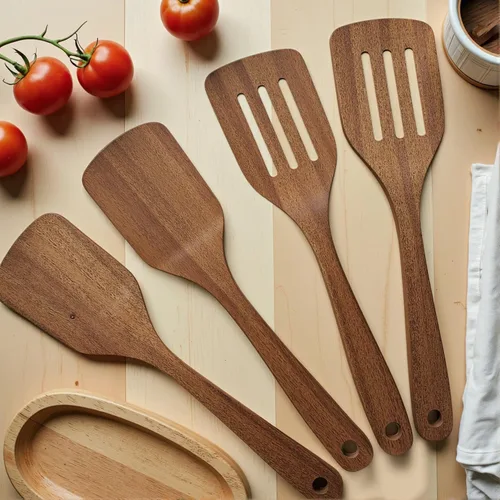 Vista 3 de Paquete de 4 espátulas de madera para cocinar, espátulas antiadherentes de madera de acacia para uso en cocina, juego de espátulas de cocina