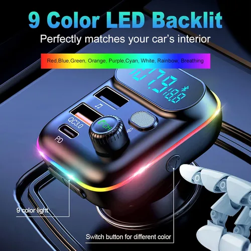 Vista 5 de Transmisor FM Bluetooth mejorado con robot VR para coche, adaptador inalámbrico Bluetooth 5.0 FM para coche con puertos USB duales, compatible