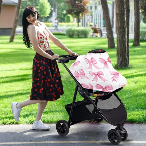 Vista 7 de Pink Bows - Funda elástica para asiento de automóvil para bebé, suave, transpirable, funda de lactancia materna, funda multiusos para asiento