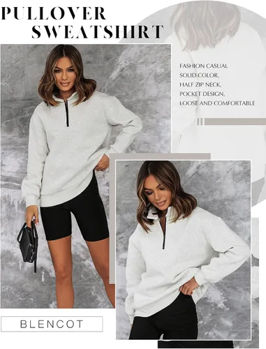 Vista 6 de BLENCOT Sudaderas de gran tamaño con media cremallera para mujer, manga larga, color sólido, hombros caídos, forro polar, sin botones, tallas S-2XL
