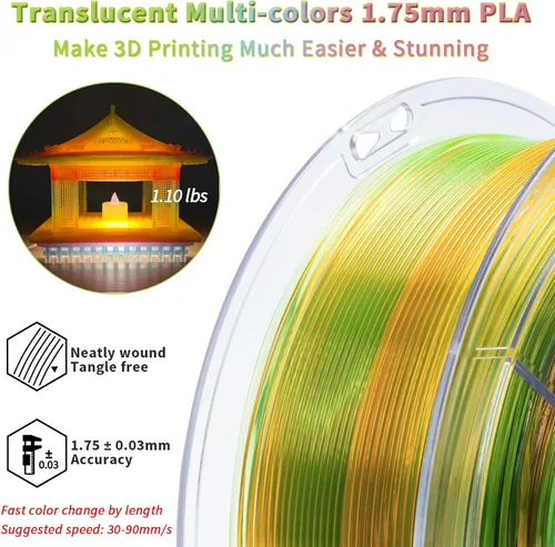 Vista 4 de ZIRO - Rápido cambio de color PLA, filamento translúcido multicolor de 1.75mm, material para impresión 3D, carrete de 1kg, precisión dimensional