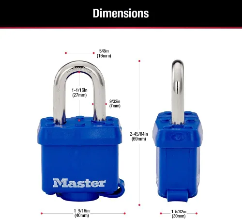 Vista 6 de Master Lock 312TRI Candado laminado con llave y carcasa termoplástica, azul, paquete de 3 con llave similar, 1-9/16 pulgadas