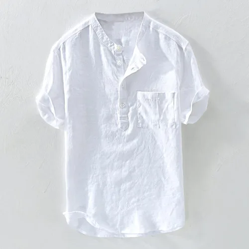 Vista 3 de Camisas de lino para hombre, de manga corta, con botones, estilo Henley, ligeras, sin cuello, hippie, playa, ropa