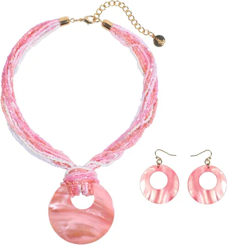 Vista 15 de Coiris Collar de varias vueltas con cuentas coloridas y gran colgante de concha circular para mujer Negro