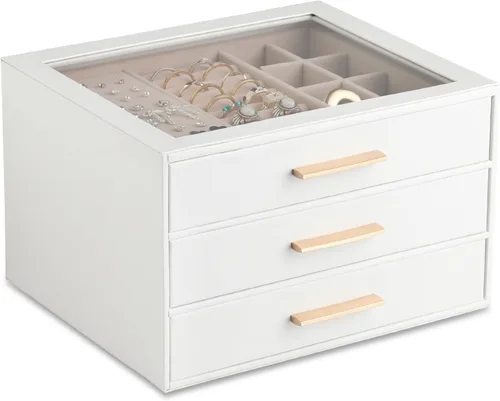 Vista 9 de Frebeauty Joyero para mujer, organizador de joyas con tapa transparente con 3 cajones Marrón Oscuro