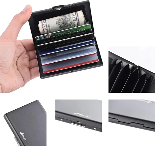 Vista 125 de BONSYL® Soporte para tarjetas de crédito, cartera delgada de metal con bloqueo RFID, con 6 ranuras para tarjetas, para mujeres y hombres.