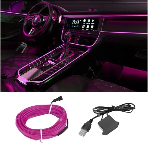Vista 24 de Tira de luces LED de cable EL, tira de luz de neón automática USB de 10 pies/3M con borde de costura, kits de iluminación ambiental