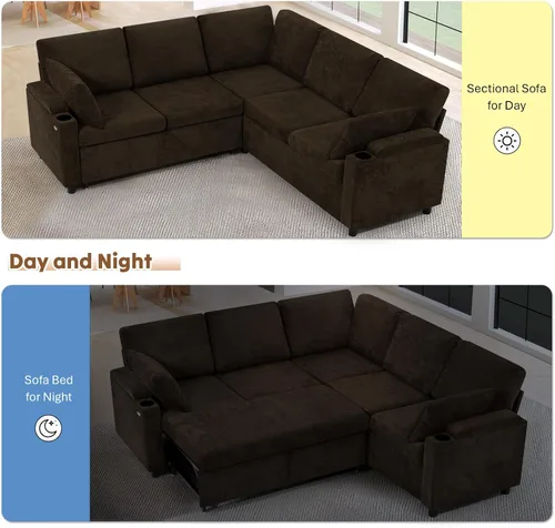 Vista 6 de Sofá modular de felpilla de 85 pulgadas con cama extraíble y Marrón
