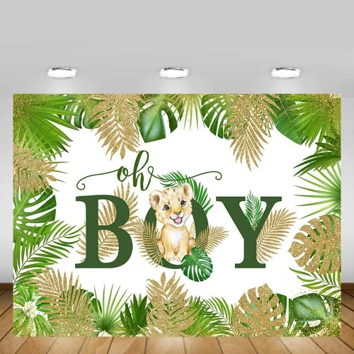 Vista 5 de MEHOFOND Cartel de fondo de baby shower con temática de safari en la selva de 7 x 5 pies, Oh Boy, animales del bosque, vegetación, fondo de león