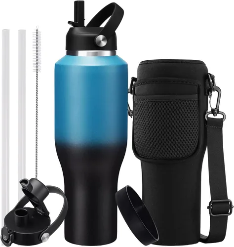 Vista 33 de Botella de agua de acero inoxidable de 32 onzas, frío-48 horas y caliente-24 horas, termo con popote y tapas de boquilla, bolsa, botella aislada al