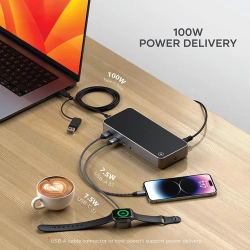 Vista 5 de Satechi Estación de acoplamiento triple 4K USB-C 13 en 1, carga de 100 W, conector de audio 2 DisplayPort, 3 HDMI, 3 puertos USB-A, Gigabit