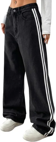 Vista 10 de Pantalones de mezclilla holgados para mujeres y hombres, pantalones de mezclilla de pierna recta, pantalones de mezclilla a rayas de pierna ancha