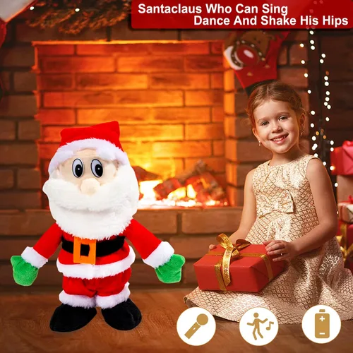 Vista 5 de Papá Noel que camina cantando bailando música twerking temblando Papá Noel animado de Navidad eléctrico juguetes de Papá Noel muñecas regalo