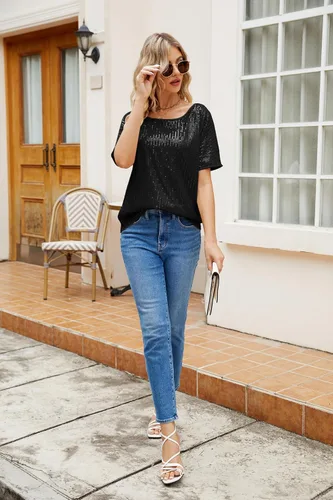 Vista 5 de JASAMBAC Blusas de lentejuelas para mujer, manga corta, un hombro, sueltas, sexy, brillantes, para fiesta, vacaciones, club, noche, blusas