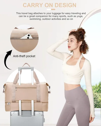 Vista 5 de Bolsa de viaje para mujer, bolsa deportiva para gimnasio, E1-beige