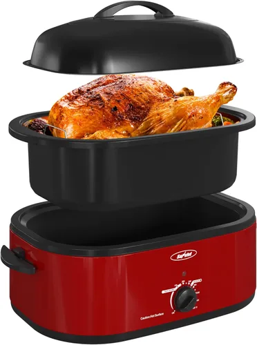 Vista 18 de Sunvivi Horno asador eléctrico con tapa visible, horno asador de pavo de 24 cuartos de galón con sartén y estante extraíbles, acero inoxidable