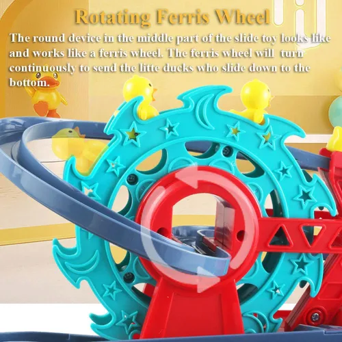 Vista 3 de Juguete deslizante de motor de bomberos 2 en 1 para niños – Juego interactivo para niños pequeños con música, luces, pista de carreras y noria
