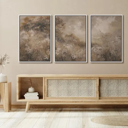 Vista 26 de SIGNFORD - Set de obras de arte en lienzo enmarcado para pared, ilustraciones abstractas de neblina del desierto en tonos neutros beige y marrón