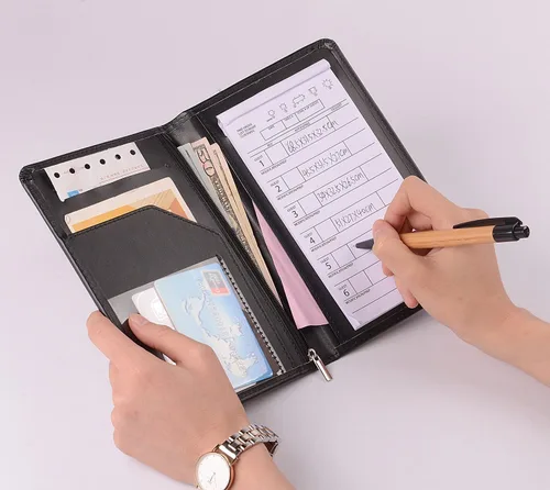 Vista 5 de Cartera organizadora de libros de piel sintética negra para camareros o camareros, recibo de restaurante o cheque de dinero (negro/8 x 5 pulgadas)