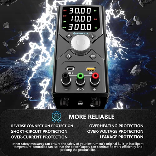 Vista 3 de Fuente de alimentación de CC variable, 0-30 V 0-10 A, conmutación ajustable, fuente de alimentación de banco regulada de CC con carga rápida USB