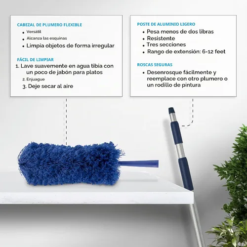 Vista 6 de Plumero de telaraña con poste de extensión, ventilador de techo de microfibra de tamaño grande, extensible de 20 pies de alcance, poste telescópico