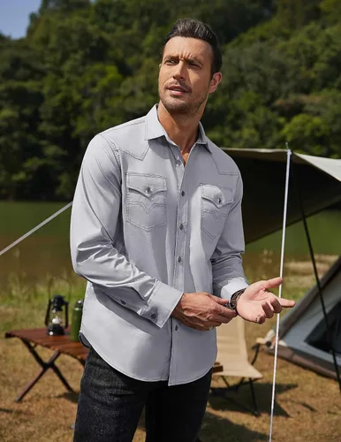 Vista 4 de COOFANDY Camisa vaquera de manga larga para hombre, de algodón, con botones, estilo casual, con bolsillos